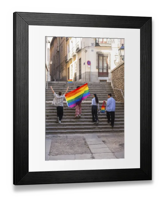 Framed Print : Group of diverse friends celebrating pride