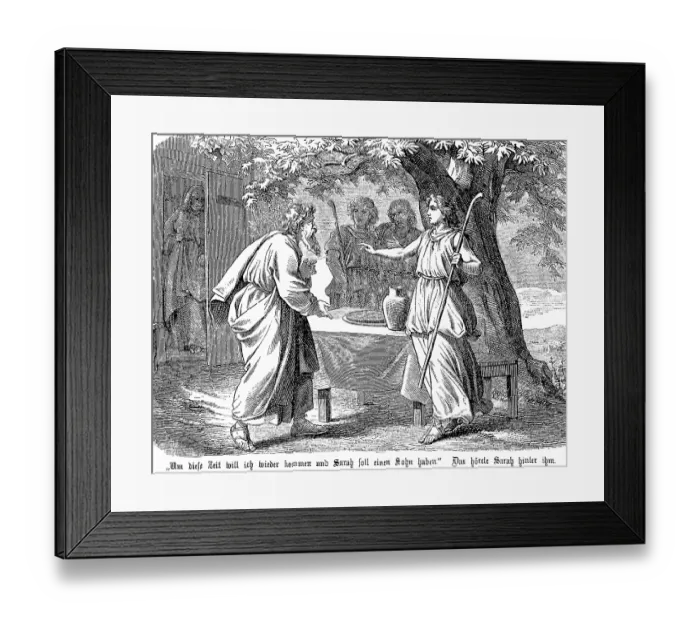 Framed Print : Abraham is to father a son, his woman Sahra overhears the conversation