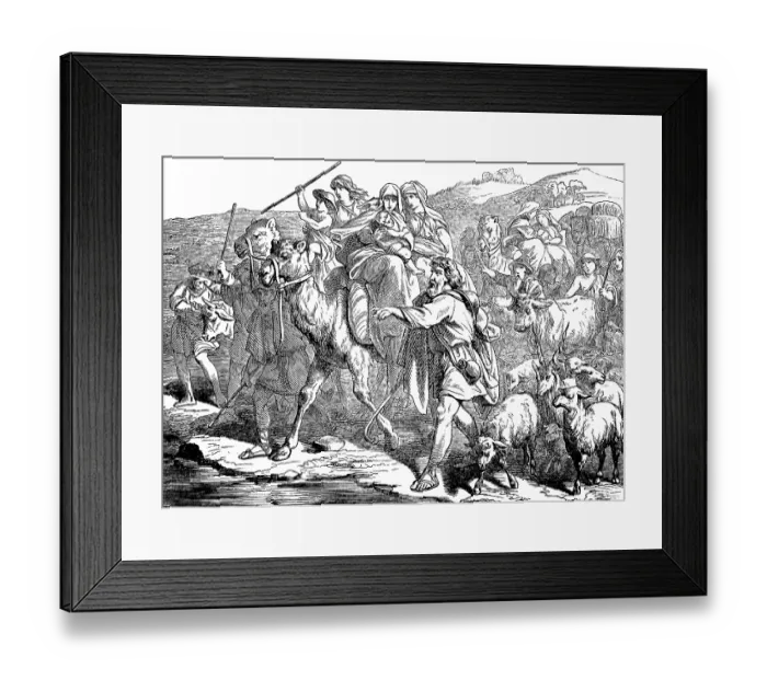 Framed Print : Jacob flees with his woman and child from Laban the babbler