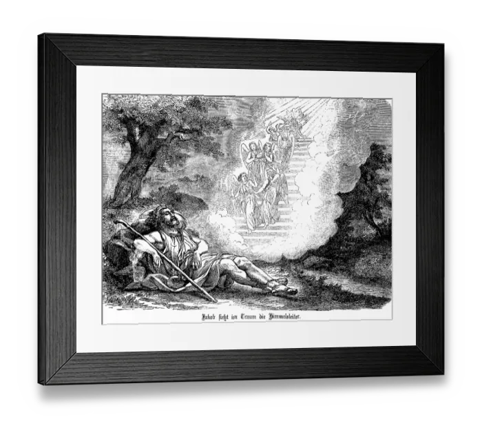 Framed Print : On the journey to Mesopotamia, Jacob rests and sees the ladder to heaven in a dream