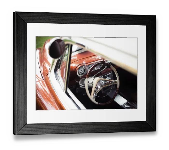 Framed Print : View of a vintage car interior showing the steering wheel and dashboard in St