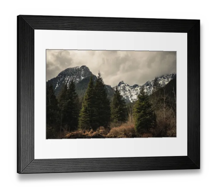 Framed Print : Snow-capped mountains and lush trees under an overcast sky Framed Print : Snow-capped mountains and lush trees under an overcast sky