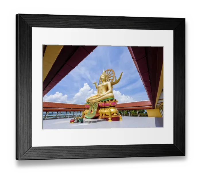 Framed Print : Large gold buddha statue in a sitting position under the blue sky at Big Buddha Temple is a famous tourist destination Framed Print : Large gold buddha statue in a sitting position under the blue sky at Big Buddha Temple is a famous tourist destination