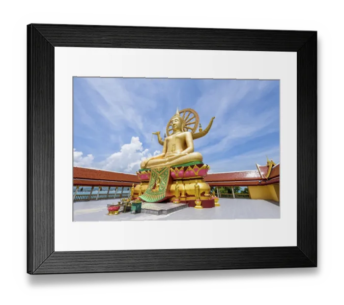 Framed Print : Large gold buddha statue in a sitting position under the blue sky at Big Buddha Temple is a famous tourist destination Framed Print : Large gold buddha statue in a sitting position under the blue sky at Big Buddha Temple is a famous tourist destination