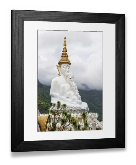 Framed Print : Buddha statue has large white five body on mountain surrounded by nature with cloud fog cover at Wat Phra That Pha Sorn