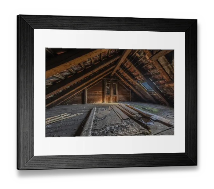 Framed Print : Roof truss of a multi-storey residential building built in 1903 in front of demolition work