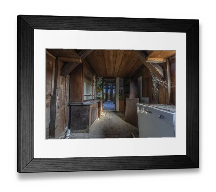 Framed Print : Outbuilding of a multi-storey residential building built in 1903 in front of demolition work Framed Print : Outbuilding of a multi-storey residential building built in 1903 in front of demolition work