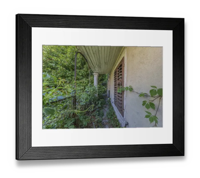 Framed Print : Entrance to the overgrown garden of a multi-storey residential building built in 1903 in front of demolition work