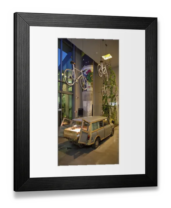 Framed Print : Entrance area to Monkey Bar with old Trabi in the evening Framed Print : Entrance area to Monkey Bar with old Trabi in the evening