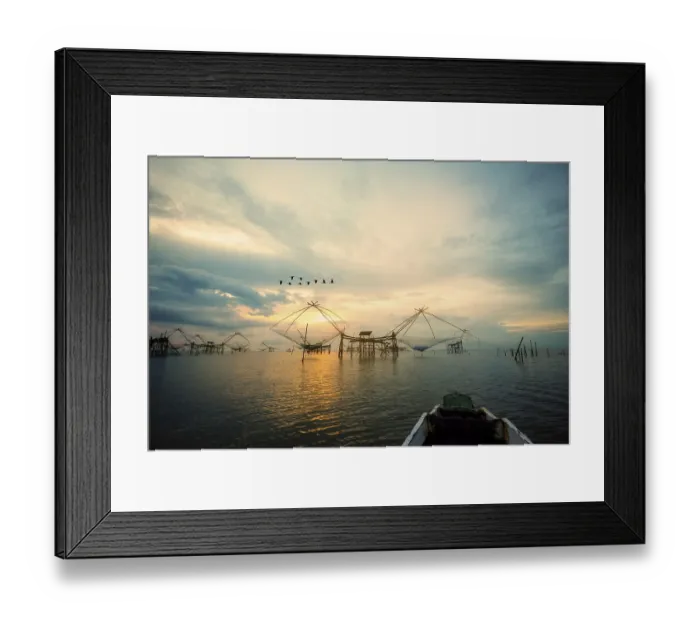 Framed Print : Beautiful nature landscape golden light of the morning sky at sunrise with flock of birds are flying