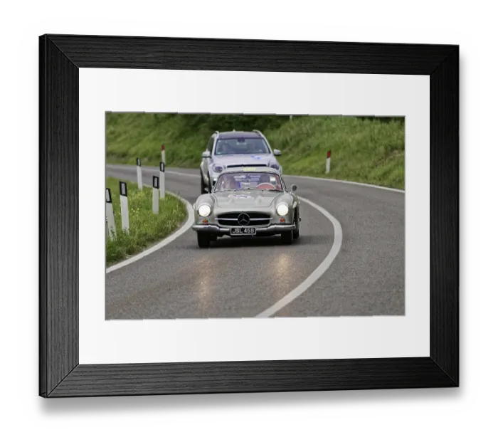 Framed Print : Silver Mercedes classic car on a country road with an SUV in the background