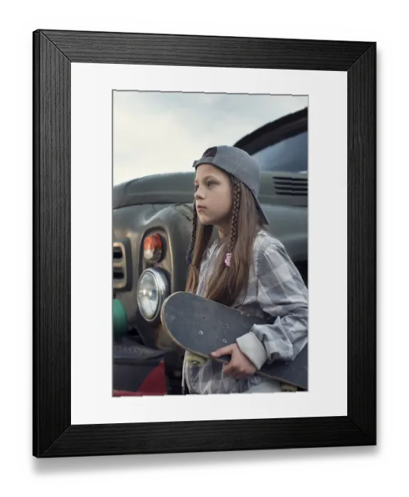 Framed Print : Girl with skateboard outdoor near vintage rusty truck