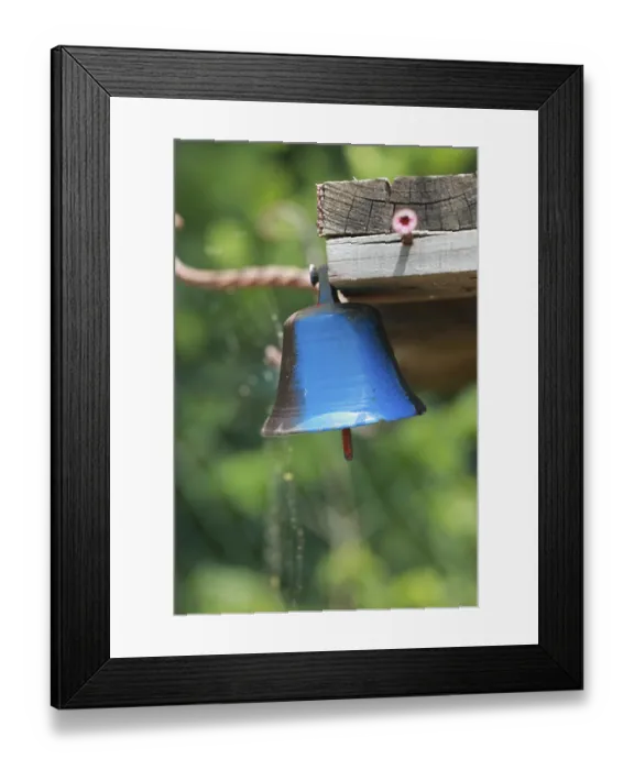 Framed Print : Blue bell hanging from a wooden post Framed Print : Blue bell hanging from a wooden post