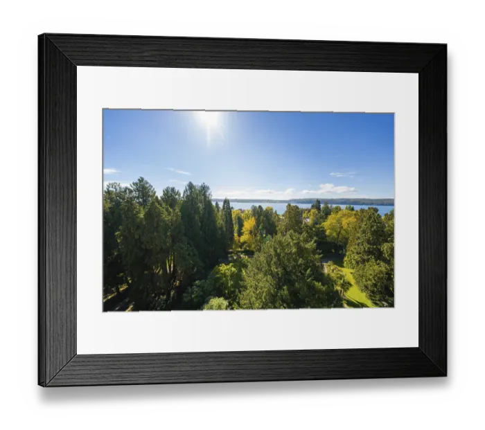 Framed Print : Extensive view over green forests to a distant lake under a clear sky Framed Print : Extensive view over green forests to a distant lake under a clear sky