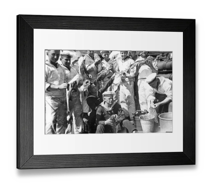 Framed Print : Crew members torpedo boat griffin with fish