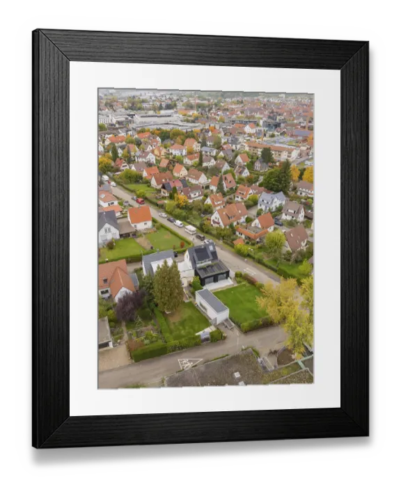 Framed Print : Residential area on the outskirts of town with modern and classic houses in an autumn atmosphere