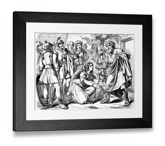 Framed Print : Ascha kneels in front of her father Caleb and said Framed Print : Ascha kneels in front of her father Caleb and said