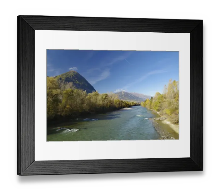 Framed Print : Wide river snakes through an autumnal valley
