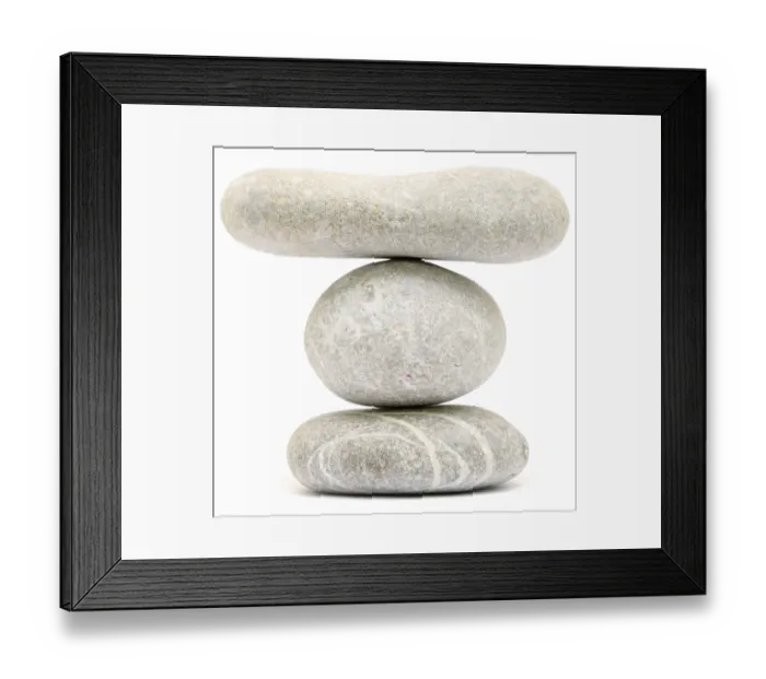 Framed Print : Balancing stone tower isolated on white background