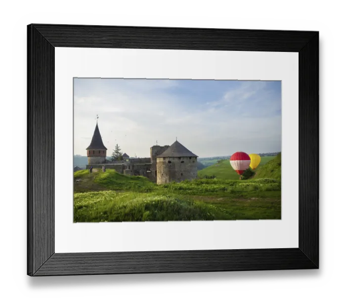 Framed Print : Kamianets-Podilskyi, Ukraine. Colorful balloons flying over a beautiful medieval castle