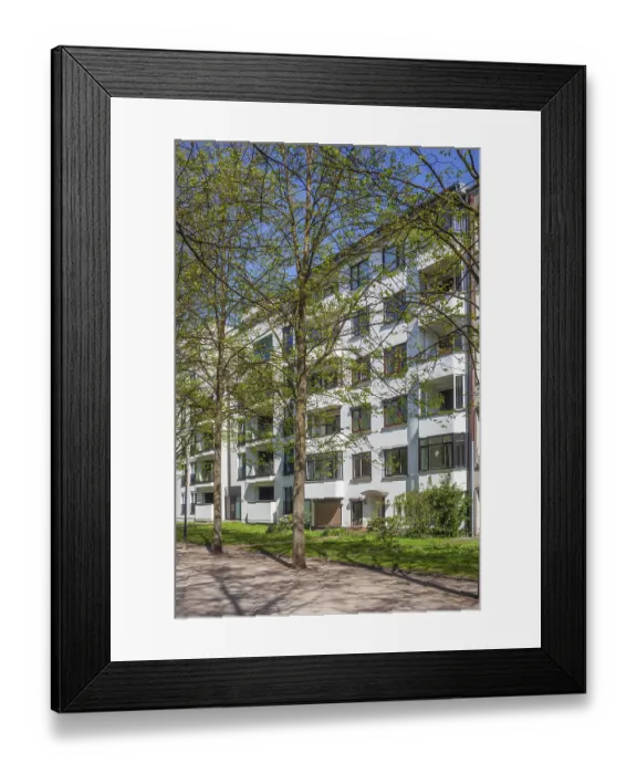 Framed Print : Residential buildings, modern apartment buildings with footpath in spring Framed Print : Residential buildings, modern apartment buildings with footpath in spring