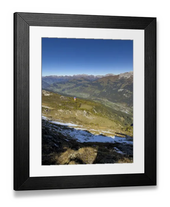 Framed Print : Mountain panorama of Prattigau with paragliders in autumn Framed Print : Mountain panorama of Prattigau with paragliders in autumn