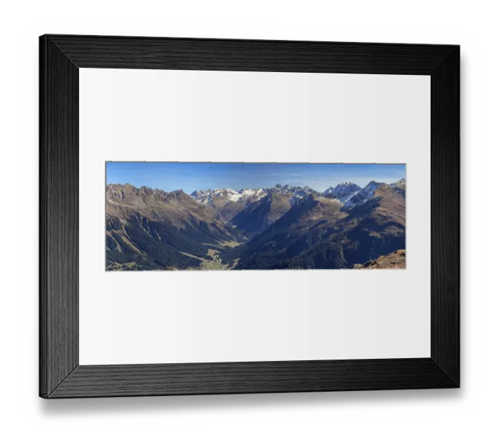 Framed Print : Mountain panorama to Monbiel and on to Silvretta with Piz Buin in autumn Framed Print : Mountain panorama to Monbiel and on to Silvretta with Piz Buin in autumn