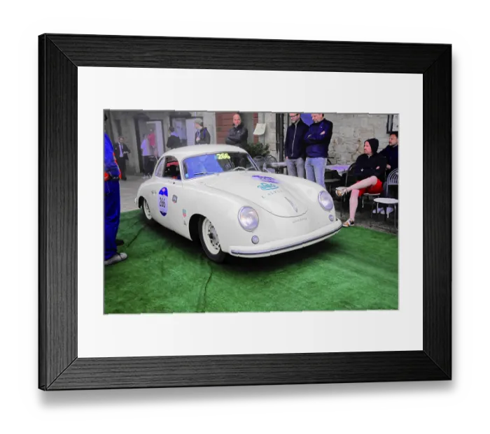 Framed Print : White Porsche Coupe at a classic car rally on green carpet