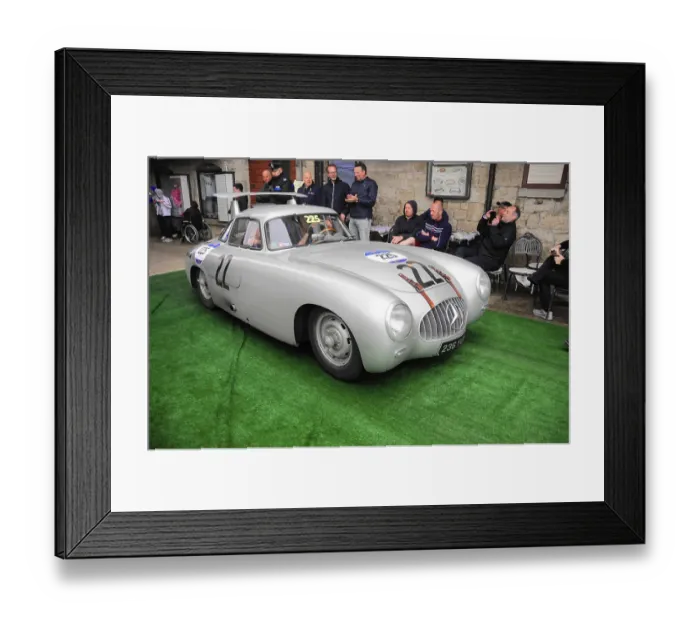 Framed Print : Silver Mercedes gullwing door with race number in a narrow alley at a classic car rally Framed Print : Silver Mercedes gullwing door with race number in a narrow alley at a classic car rally