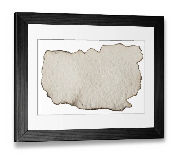 Framed Print : Burnt cardboard isolated on white background