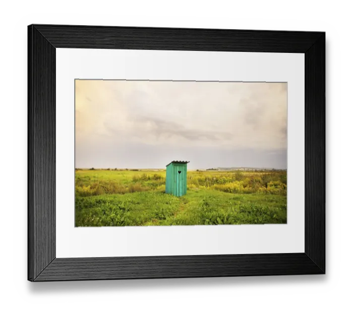 Framed Print : Wooden toilet with a carved window in the shape of a heart
