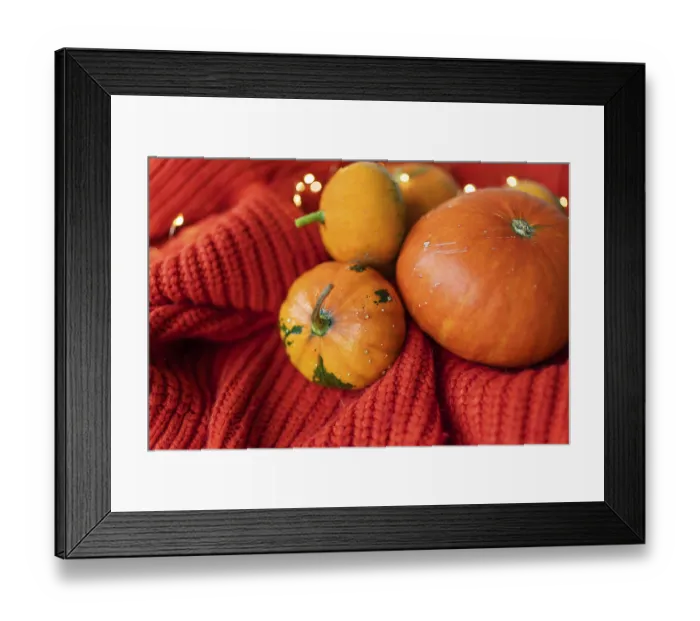 Framed Print : Different bright orange pumpkins on a red background lie on a knitted fabric against the background of lights Framed Print : Different bright orange pumpkins on a red background lie on a knitted fabric against the background of lights