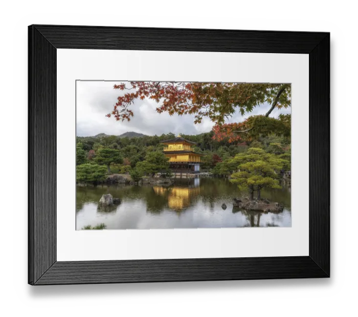 Framed Print : Kinkakuji golden pavilion on a small pond taken during autumn foliage season during a small rain Framed Print : Kinkakuji golden pavilion on a small pond taken during autumn foliage season during a small rain