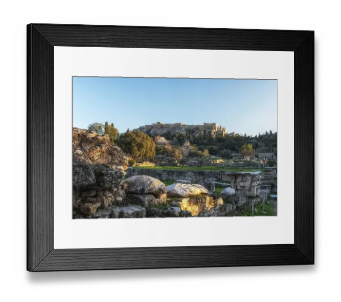 Framed Print : Ancient Agora of Athens Greece captured during sunset hours with the view of Acropolis in the distance