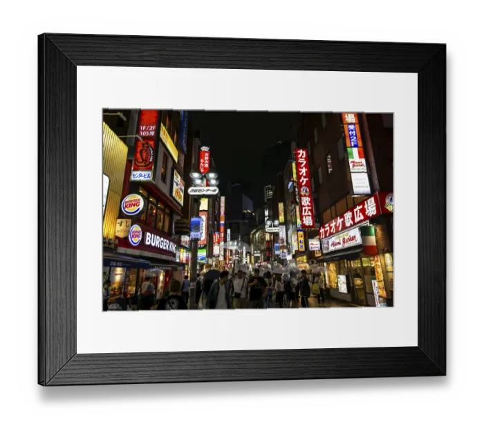 Framed Print : Busy crowded shibuya street with various shop signs and logos lit up at night