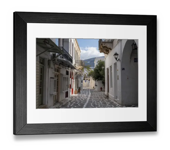 Framed Print : Paros Paroikia old town narrow cobblestone alleyway view