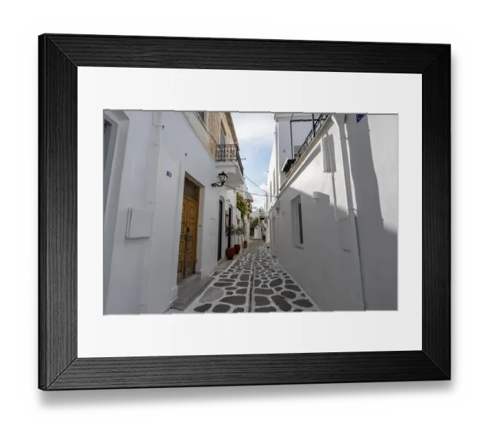 Framed Print : Paros Paroikia old town narrow cobblestone alleyway view