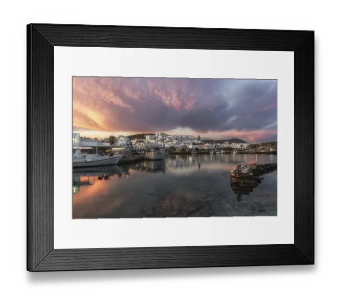 Framed Print : Sunrise view over Naousa Marina in Paros taken during winter season