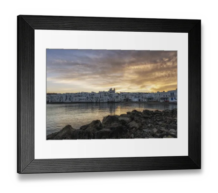 Framed Print : Sunrise view over Naousa Marina in Paros taken during winter season