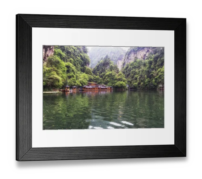 Framed Print : Baofeng lake scenery with lush forest surrounding the tall stone peaks