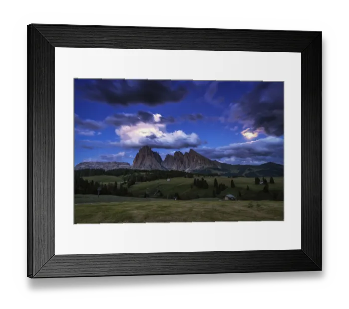 Framed Print : Alpe di siuss or seiser alm alpine meadows view at night with langkofel mountains in the background
