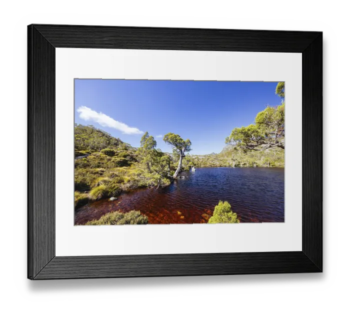 Framed Print : The view of mountain landscape around Wombat Pool on the Overland Track on a warm autumn morning in Cradle Mountain