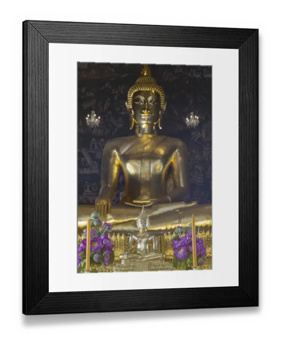 Framed Print : Golden Buddha statue, Phra Buddha Trilokachet surrounded by crystal chandeliers and exquisite wall paintings Framed Print : Golden Buddha statue, Phra Buddha Trilokachet surrounded by crystal chandeliers and exquisite wall paintings