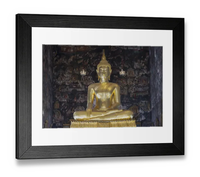 Framed Print : Golden Buddha statue, Phra Buddha Trilokachet surrounded by crystal chandeliers and exquisite wall paintings