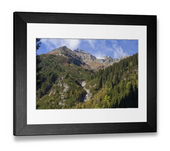 Framed Print : Waterfall, forest and mountains in Mutterberg Valley in autumn