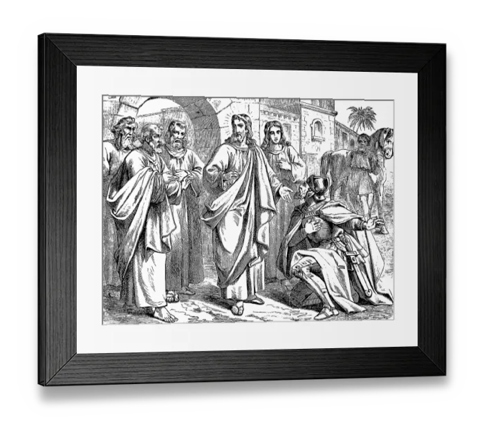 Framed Print : The captain at Capernaum kneels and speaks to Jesus Framed Print : The captain at Capernaum kneels and speaks to Jesus