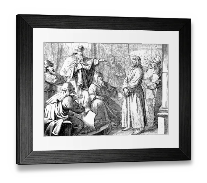 Framed Print : The High Priest Caiaphas interrogates Jesus