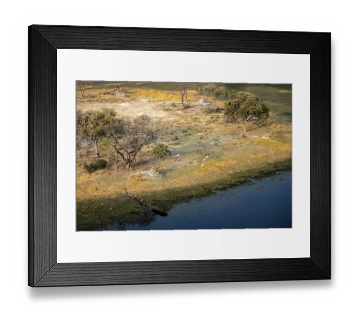 Framed Print : Savanna with yellow grass and river