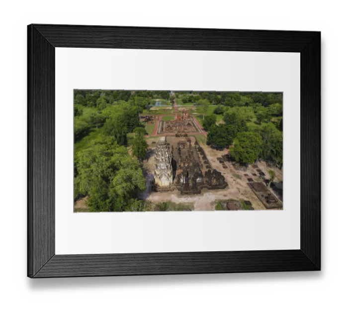 Framed Print : Drone view of an ancient temple complex in Thailand