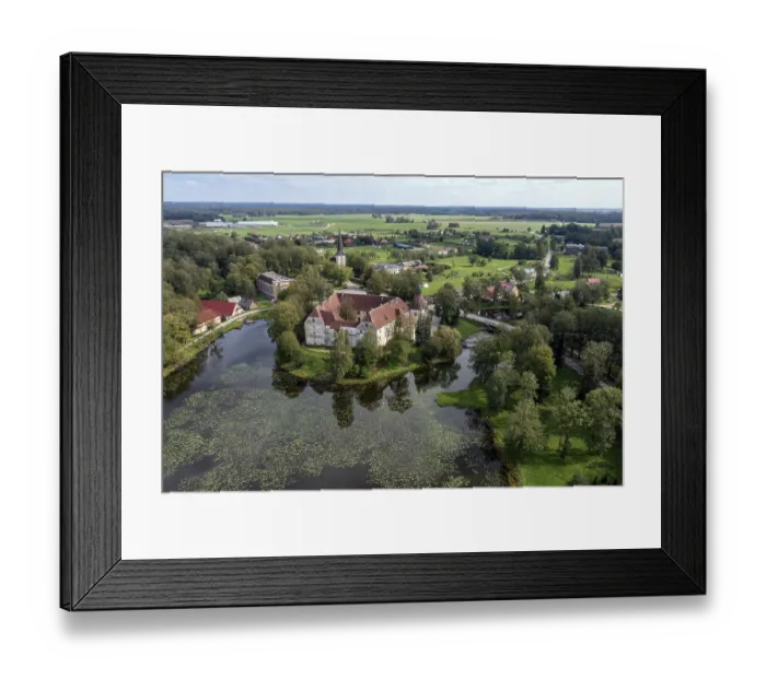 Framed Print : An aerial shot of medieval Jaunpils Castle